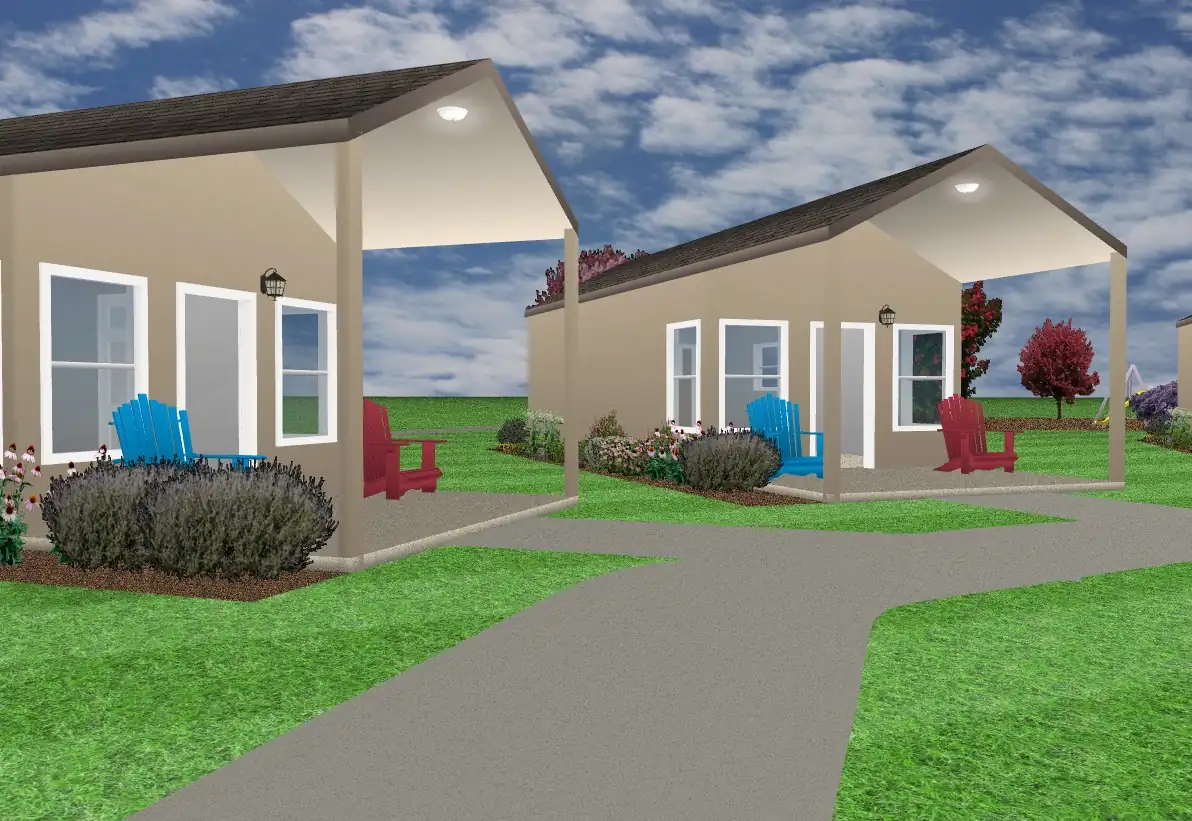 3d render of community design, depicting two homes next to each other