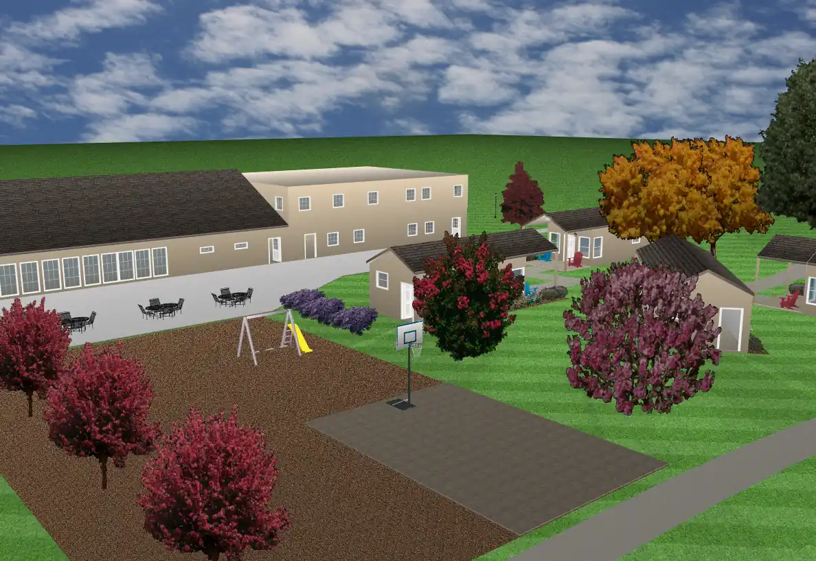 3d render depicting a home and community center