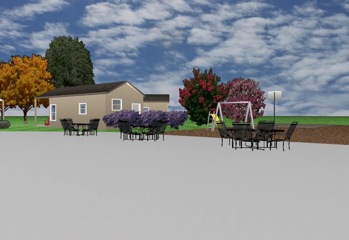 3d render of a seating area next to a playground