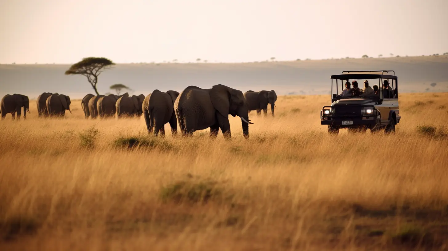 Customers on an african safari with elephants