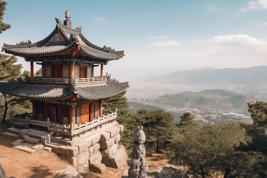 A temple overlooking a forested valley