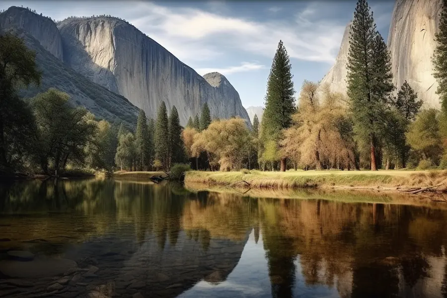 Forest scene with a cliff in the background