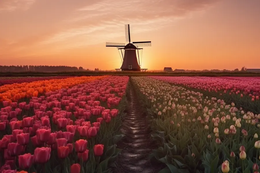 A field of flowers with a windmill and forest in the background